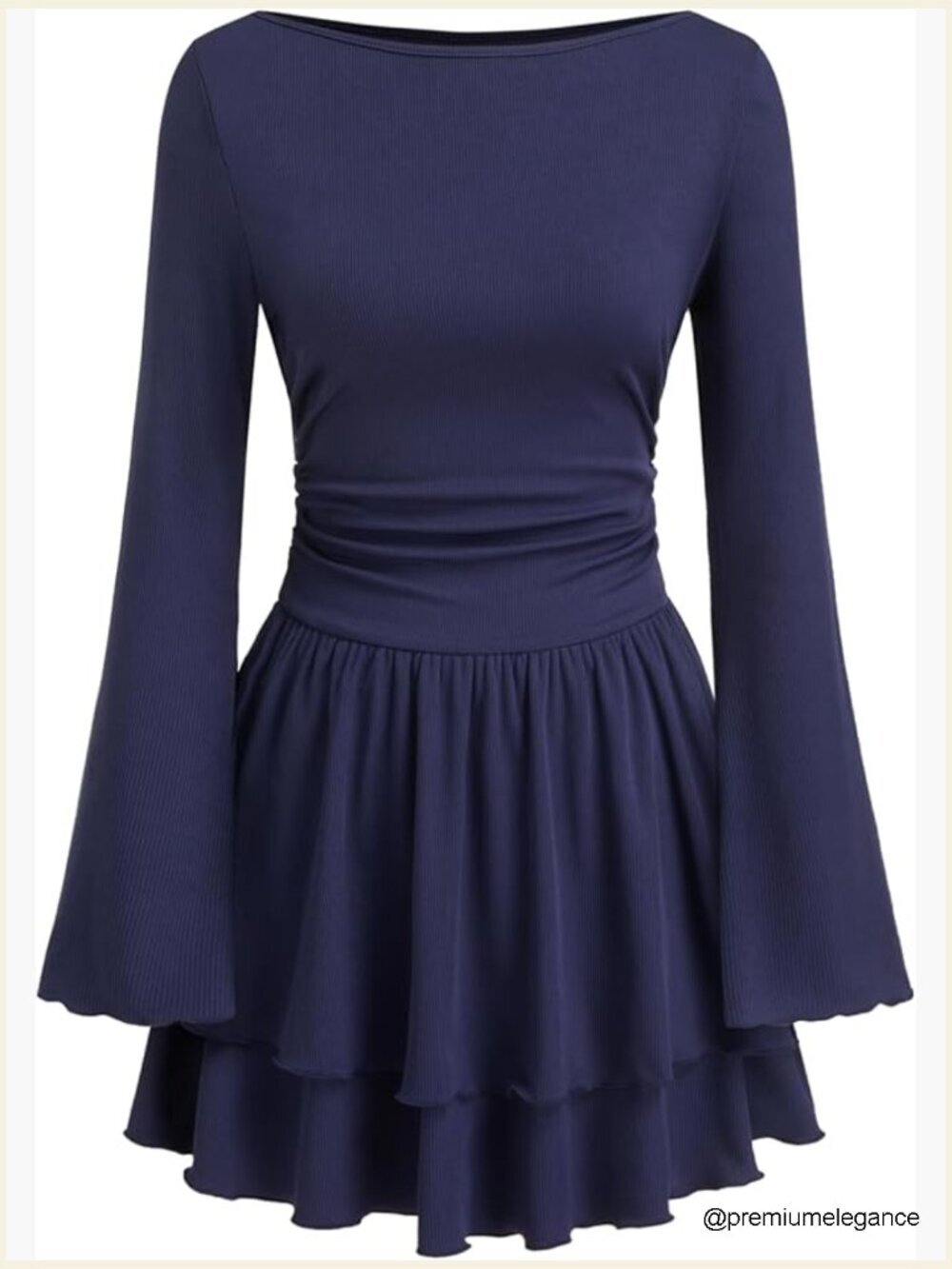 Ribbed Knit Boat Neck Tiered Ruffle Hem Mini Dress Long Sleeve Cocktail